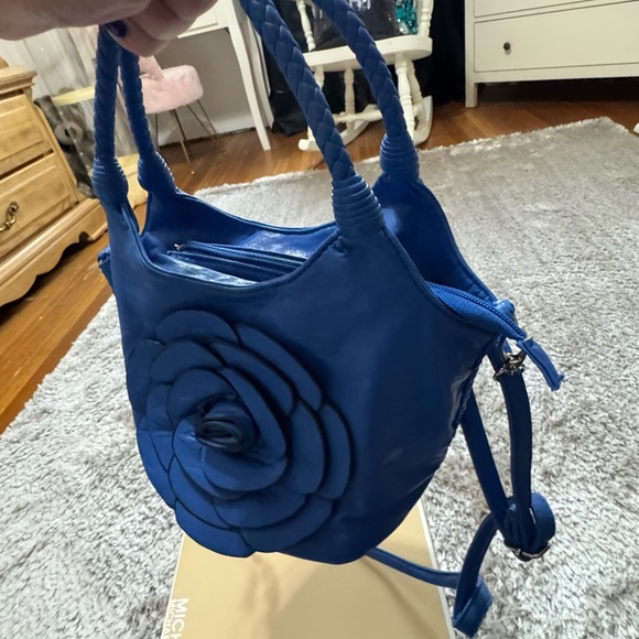 Italian Leather Royal Blue Crescent Shoulder Bag with Floral Design. - Picture 6 of 9